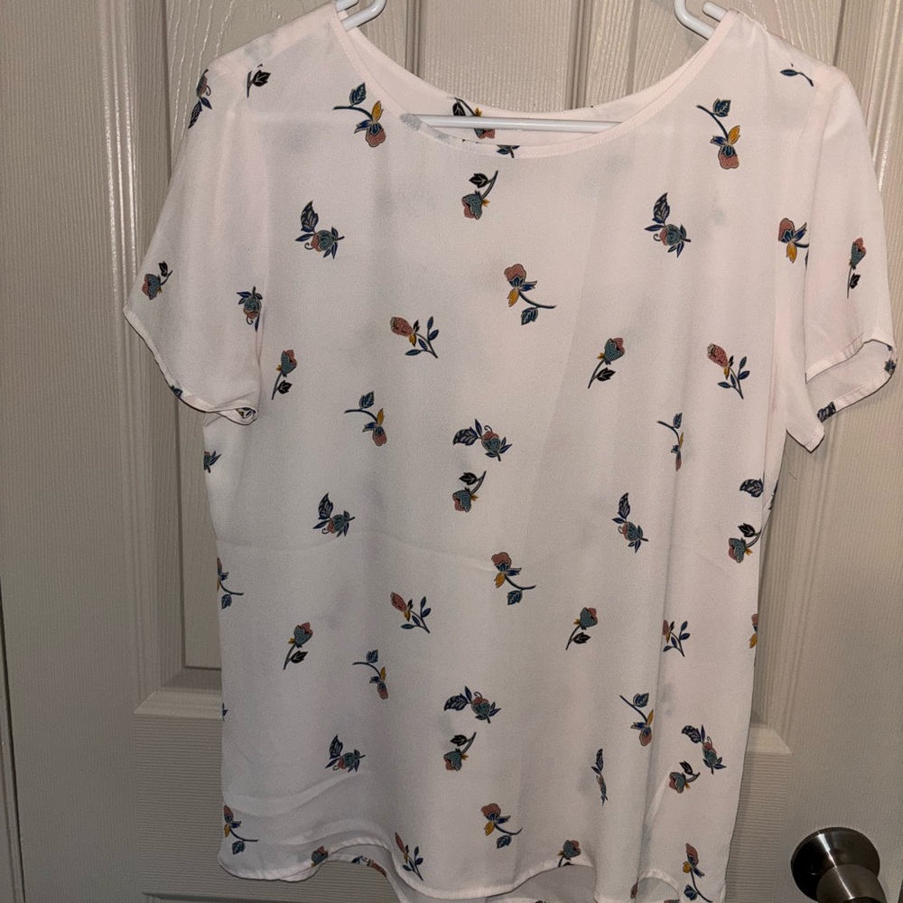 LOFT White Blouse with Floral Accents